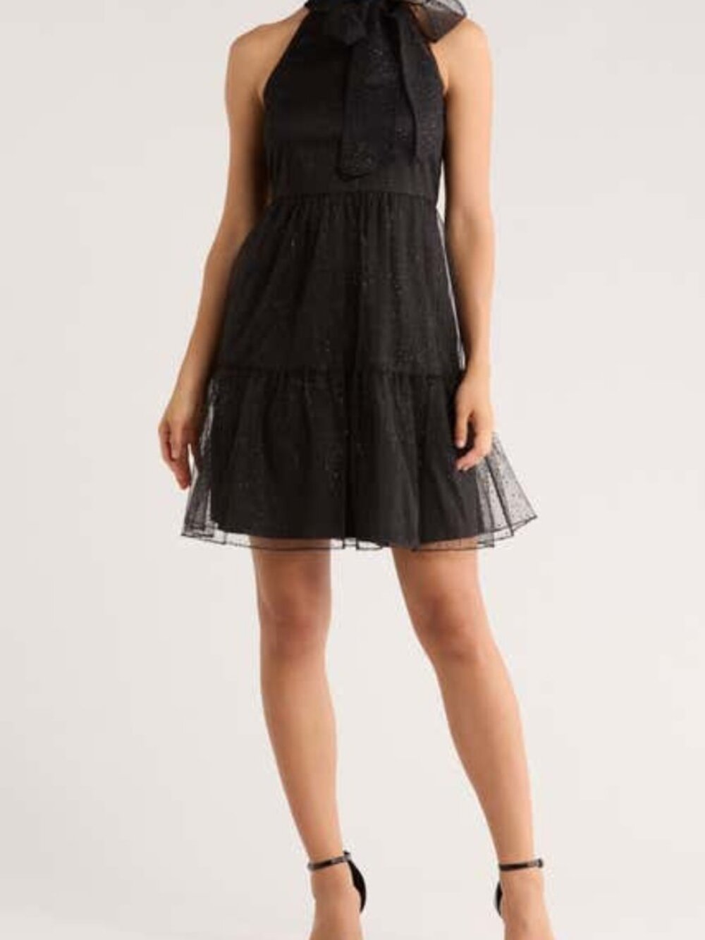 Vince Camuto Bow Glitter Tiered Cocktail Dress Black, size 10